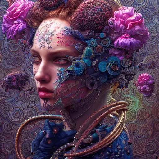 Prompt: hyper detailed masterpiece, neon floral pattern, jean giraud, digital art painting, darkwave goth aesthetic, psychedelic, artgerm, donato giancola, tom bagshaw