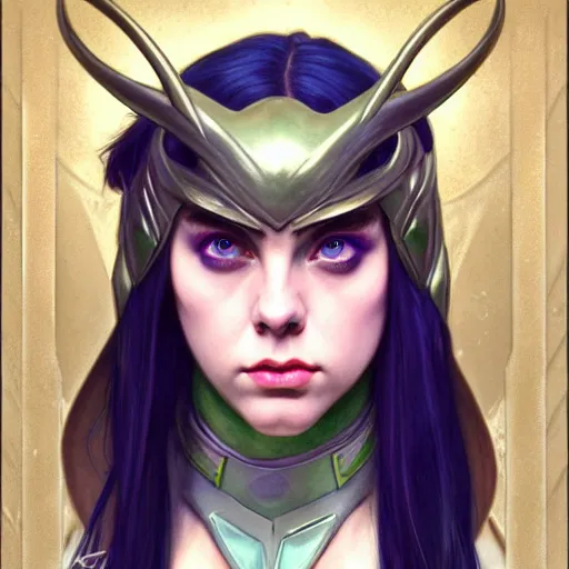 Image similar to Billie Eilish as Female Loki, very detailed, digital art, trending on artstation, concept art, smooth, illustration, art by artgerm and greg rutkowski and alphonse mucha and J. C. Leyendecker and Edmund Blair Leighton and Katsuhiro Otomo and Geof Darrow and Phil hale and Ashley wood