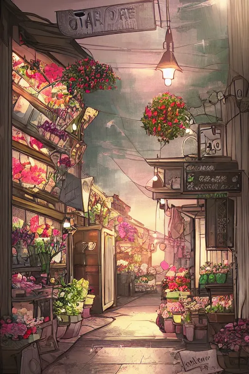 Image similar to a little flower shop's front gate, nostalgic, fresh digital illustrati on, dramatic lighting, pixiv