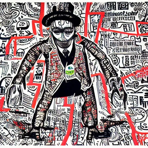 Image similar to jack the ripper, symmetrical, by andy warhol, tyler edlin, yoshitaka amano, liu wei, anselm kiefer, keith harring, joongwon charles jeong