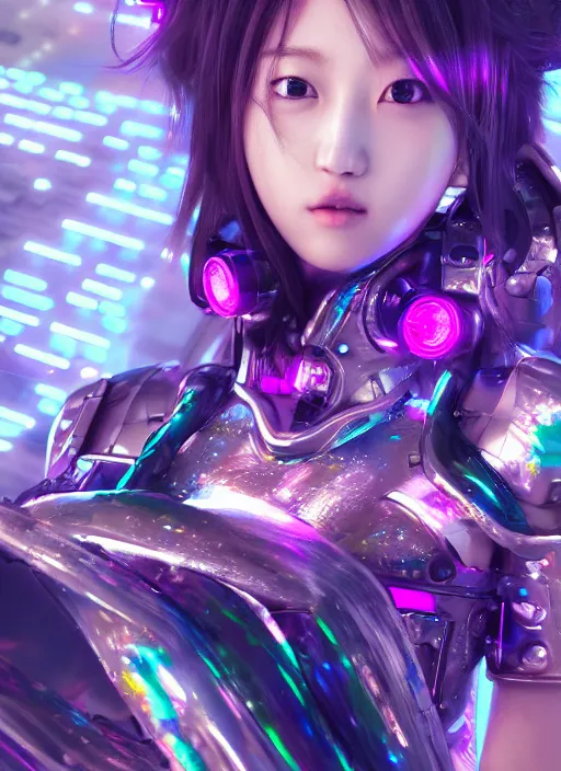 Image similar to a highly detailed portrait of a kpop idol mecha girls in spiked cyberpunk bioarmor trending on artstation by yoshitake amano, cyberpunk light, holographic undertones, 3 d cg, octane rendered, futuristic, 2 k aesthetic, dramatic lighting, 4 k, highly saturated colors