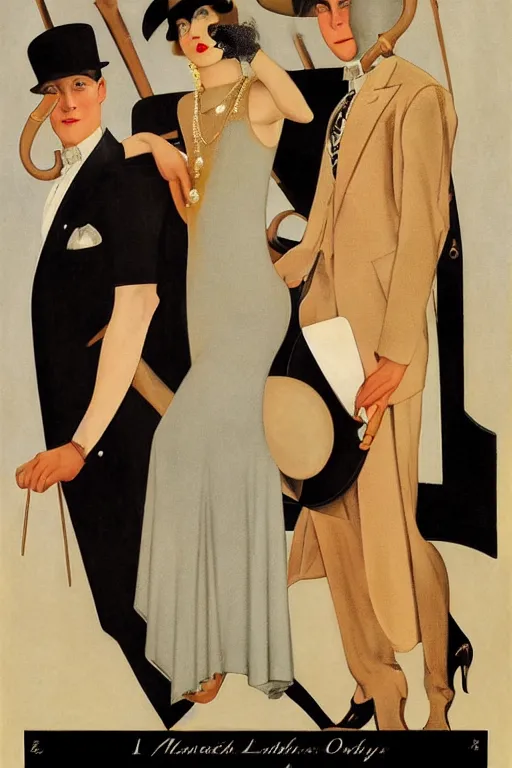 Image similar to a painting depicting Jazz Age high society people, 1920s style, smooth, highly detailed, high contrast, Coles Phillips, Dean Cornwell, JC Leyendecker, 8K