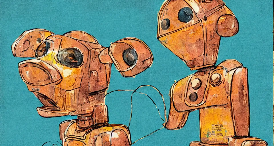 Prompt: a detailed illustration of a cute retro robot dog, alcohol inks on parchment, muted colors, detailed, textured parchment background, 1 9 5 0 s concept art