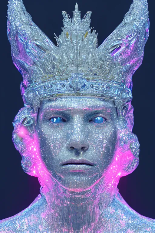 Prompt: hyper detailed ultra sharp portrait of baroque and bladerunner delicate neon diamond sculpture of seductive muscular albino young king, diamond pink sphinx iridescent humanoid deity wearing metallic hoody made out of hands holding the sun prismatic dungeon, glowing blue face, crown of white diamonds, cinematic lighting, photorealistic, octane render 8 k depth of field 3 d