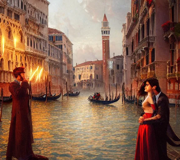 Prompt: photography of a 1 8 th couple in venice with fireworks, deep focus, intricate, elegant, highly detailed, digital painting, artstation, concept art, matte, sharp focus, illustration, art by artgerm and greg rutkowski and alphonse mucha and gil elvgren