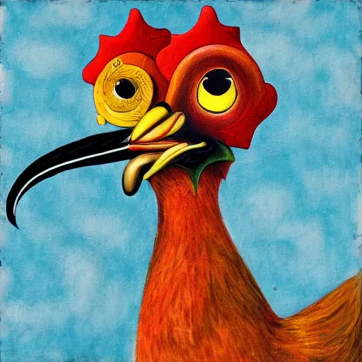 Prompt: A hungry chicken from an ant's point of view, pop surrealism