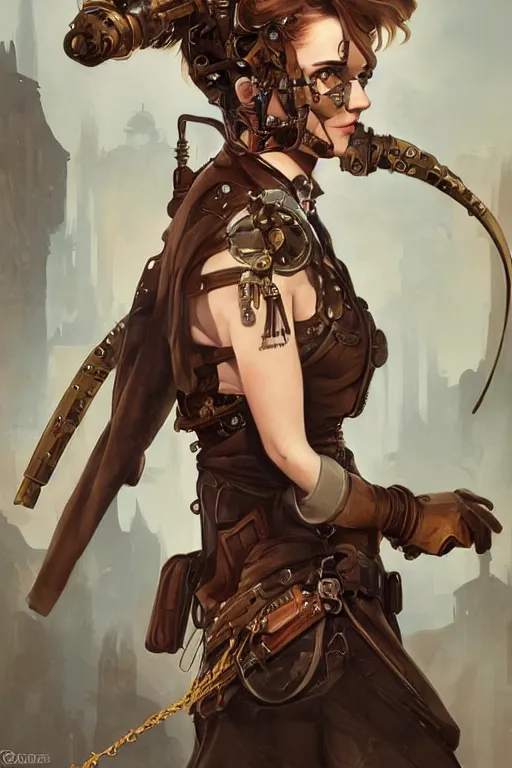 Prompt: emma watson as steampunk half - cyborg, western cowgirl, high fantasy, dnd, smooth, sharp focus, illustration, highly detailed, digital painting, artstation, concept art, by disney animation, rossdraws, alphonse mucha, frank fanzzeta, collectible card art