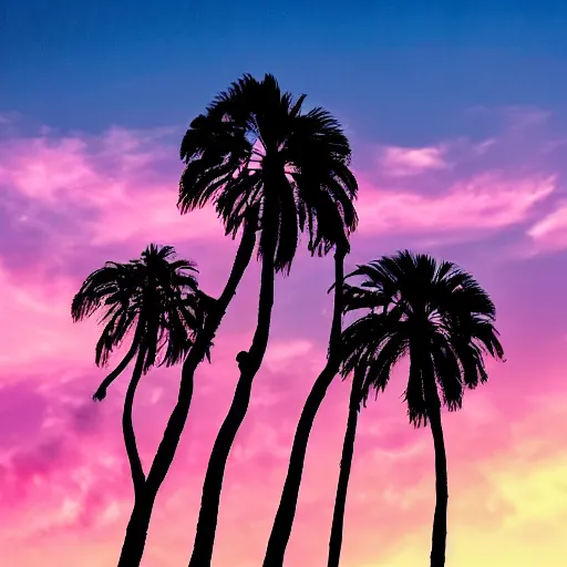 Prompt: pink clouds over mountains with palm trees