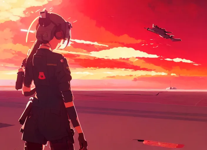 Image similar to portrait of pilot girl talking, red sky background, chaotic landscape, illustration concept art anime key visual trending pixiv fanbox by wlop and greg rutkowski and makoto shinkai and studio ghibli and kyoto animation, red body suit, military gear, handgun, red crow 1, grimdark