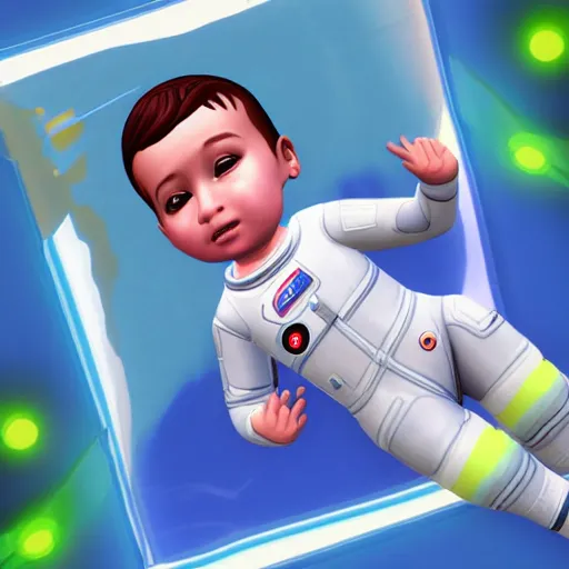 Image similar to a baby astronaut in space, the sims 4