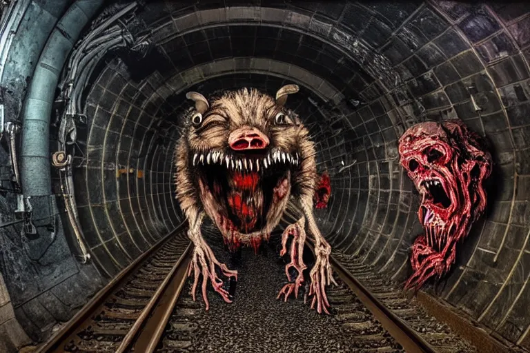 Prompt: very large giant mutant zombie irradiated ( angry rat ) staying on railways in tonnel of moscow subway. tonnel, railways, giant angry rat, furr, fangs, very realistic. extreme long shot, rusty colors, anish kapoor, herman nitsch, giger.