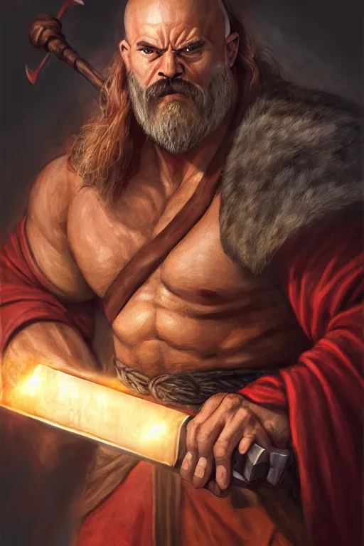 Prompt: strong man with draconic face features, wearing a simple robe, holding a war hammer, highly detailed, d & d, fantasy, highly detailed, digital painting, trending on artstation, concept art, sharp focus, illustration, global illumination, shaded, art by artgerm and greg rutkowski and fuji choko and viktoria gavrilenko and hoang lap