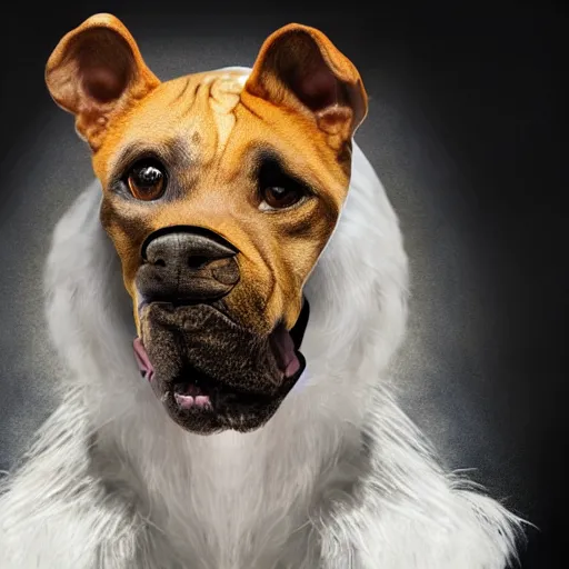 Image similar to realistic studio portrait, human face disguised as a dog, vfx special effects, dog human hybrid creature, in the style of annie leibovitz