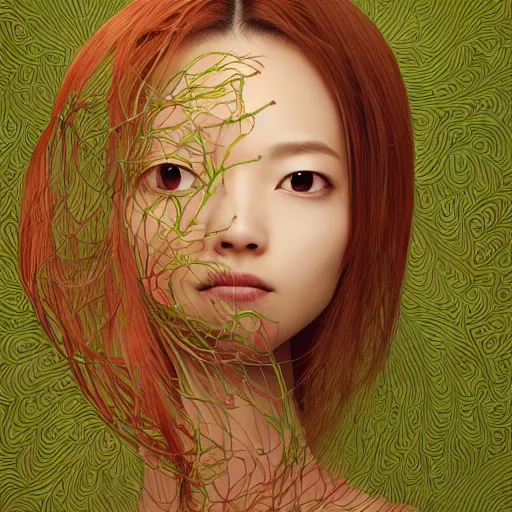 Image similar to the portrait of an incredibly cute and sophisticated japanese woman partially made of onions of all colors, an ultrafine detailed illustration by james jean, final fantasy, intricate linework, bright colors, behance contest winner, vanitas, angular, altermodern, unreal engine 5 highly rendered, global illumination, radiant light, detailed and intricate environment