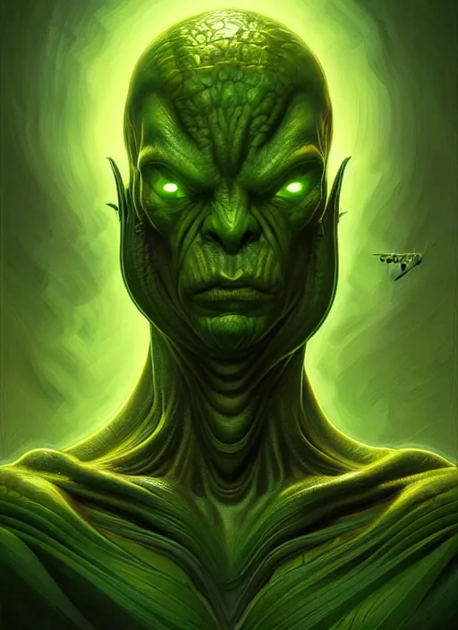 Prompt: portrait of aggressive alien, d & d, muscular! green, fantasy, intricate, elegant, highly detailed, digital painting, artstation, concept art, smooth, sharp focus, illustration, art by artgerm and greg rutkowski and alphonse mucha