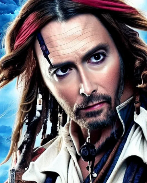 Image similar to David Tennant in the role of captain jack sparrow, film still, amazing short, 8K, IMAX, ultra detailed