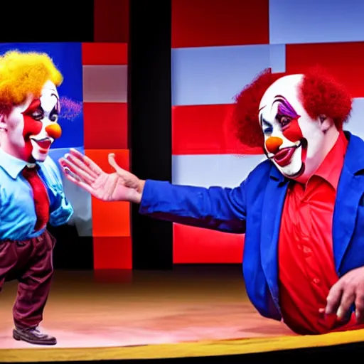 Image similar to chaotic political debate, clowns, on stage, photo realistic