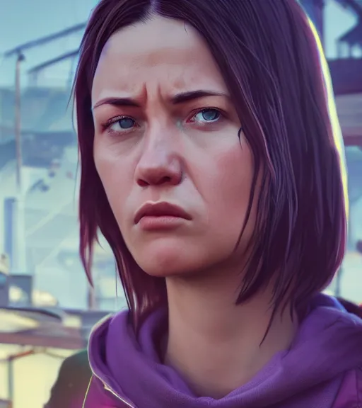 Image similar to highly detailed macro shot of a female portrait with a look of disgust, in gta v, unreal engine, loish, rhads, makoto shinkai and tom bagshaw, reflective global illumination, god rays, detailed and intricate environment