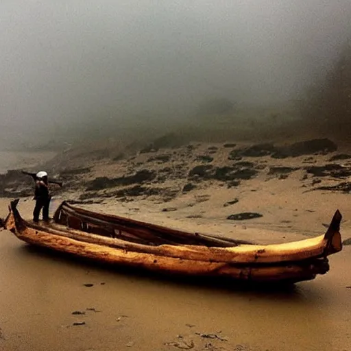 Prompt: “a Roman soldier, soaking wet, standing on a foggy beach, staring at the wreckage of a Roman trireme.”