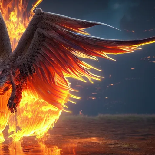 Prompt: hyperdetailed image of a phoenix with its full body flaming and wings spread 8 k extremely detailed hd hyperrealism unreal engine daz 3 d