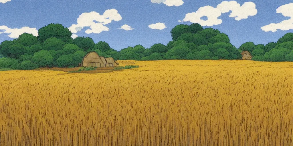Prompt: an open wheat field, studio ghibli landscape