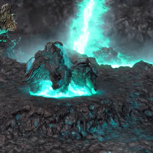 Image similar to molag bal, tyrant, glowing red eyes, lava pools, cracked ground, photorealistic