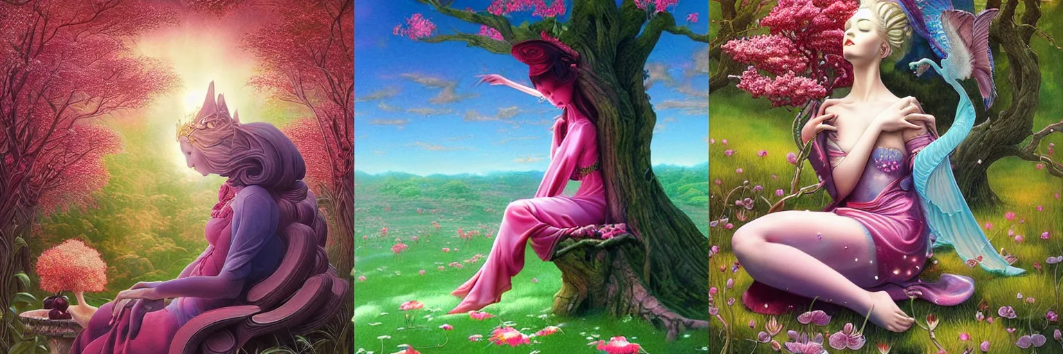 Prompt: fanciful surreal image of a divine princess sitting under a cherry tree by Anna Dittman, Amano, Okata Kazuto, Greg Hildebrandt, and Mark Brooks, Neo-Gothic, rich deep colors. art by Hamada Yoshikazu . masterpiece. Beksinski painting 3/4 view