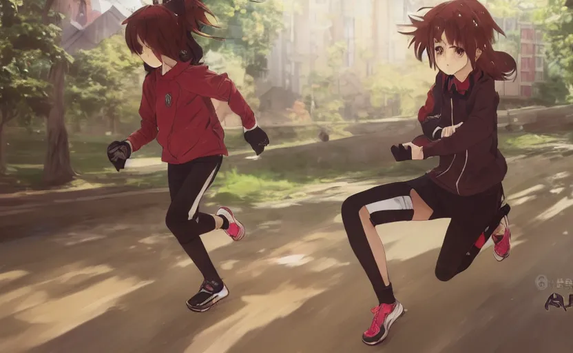 Prompt: anime style, from arknights, a girl is running, red sport clothing, marathon, brown short hair, hair down, symmetrical facial features, hyper realistic, rule of thirds, extreme detail, detailed 4 k drawing, safebooru, realistic lighting, by alphonse mucha, greg rutkowski, sharp focus, backlit