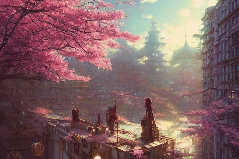 Image similar to steampunk city, cherry blossoms, unreal engine, fantasy art by greg rutkowski, loish, rhads, ferdinand knab, makoto shinkai and lois van baarle, ilya kuvshinov, rossdraws, tom bagshaw, global illumination, radiant light, detailed and intricate environment