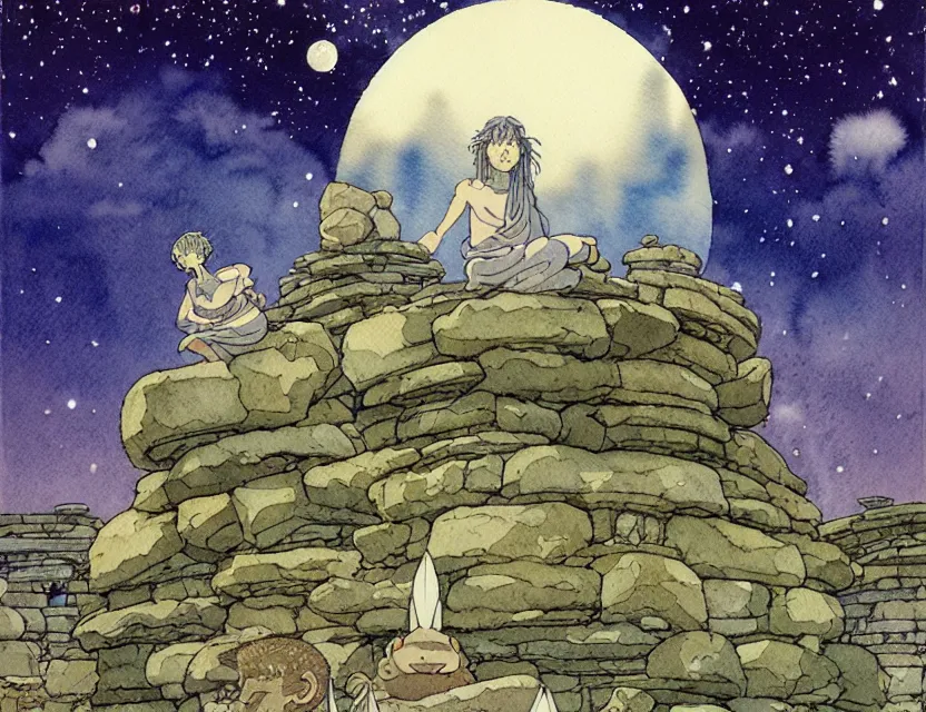 Image similar to a hyperrealist studio ghibli watercolor fantasy concept art of a giant long haired grey buddha in lotus position sitting on top of the stones of stonehenge with a starry sky in the background. a ufo is in the sky. by rebecca guay, michael kaluta, charles vess