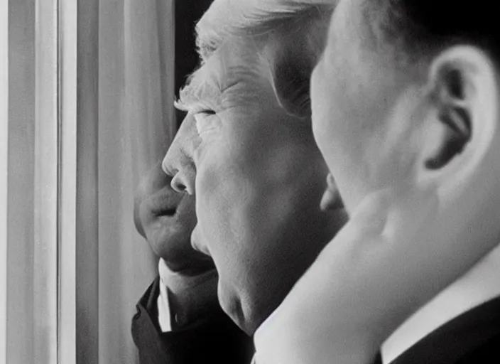 Image similar to screenshot from moody scene of Donald Trump looking out window, in High and Low, 1963 film directed by Akira Kurosawa, kodak film stock, black and white, anamorphic lens, 4K, detailed, stunning cinematography and composition shot by Takao Saito, 70mm