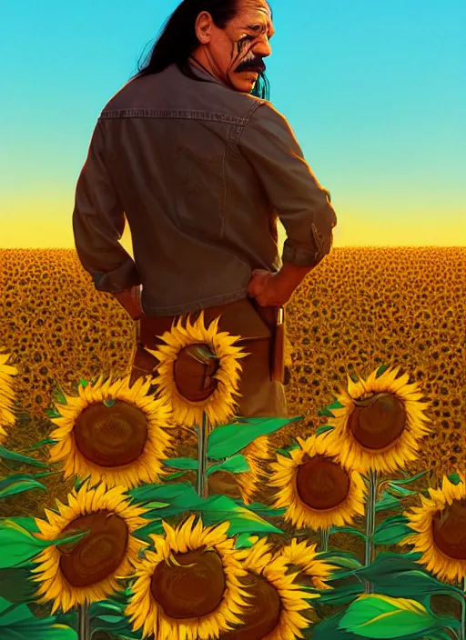Image similar to danny trejo in a field of sunflowers, art by artgerm and makoto shinkai, sunset, portrait, highly detailed, digital painting, trending on artstation, concept art, sharp focus, illustration