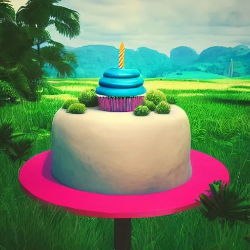 Image similar to “ a birthday cake in a lush landscape by Beeple”