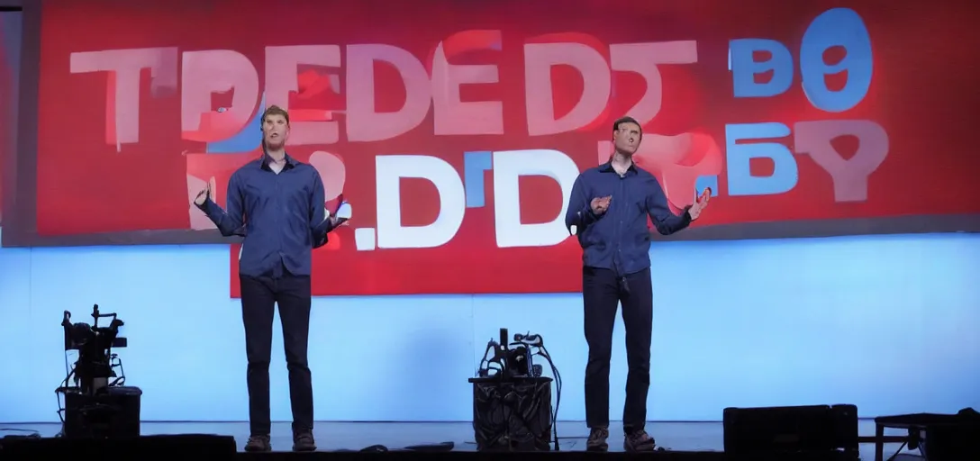 Image similar to jerma 9 8 5 doing a ted talk, wide shot, high resolution, editorial