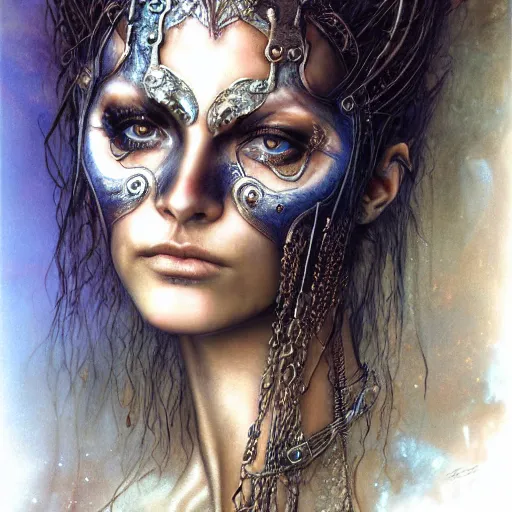 Image similar to an award finning closeup facial portrait by luis royo and john howe of a bohemian female cyberpunk traveller clothed in excessively fashionable 8 0 s haute couture fashion and wearing ornate art nouveau body paint