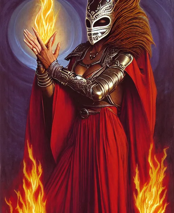 Prompt: soaring woman wearing a huge mask with blades behind her. dressed in a long robe with wide sleeves and making anjali mudra gesture. fullbody highly detailed portrait, blurred background, concept art, masterpiece, cinematic, flames, fantasy art, hyperdetailed, hyperrealism, art by hildebrandt, donato giancola, larry elmore, arthur rackham