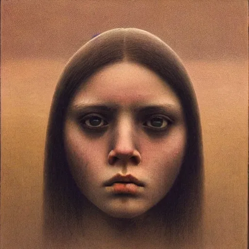 Prompt: teen female with big dark eyes and white skin, by Beksinski
