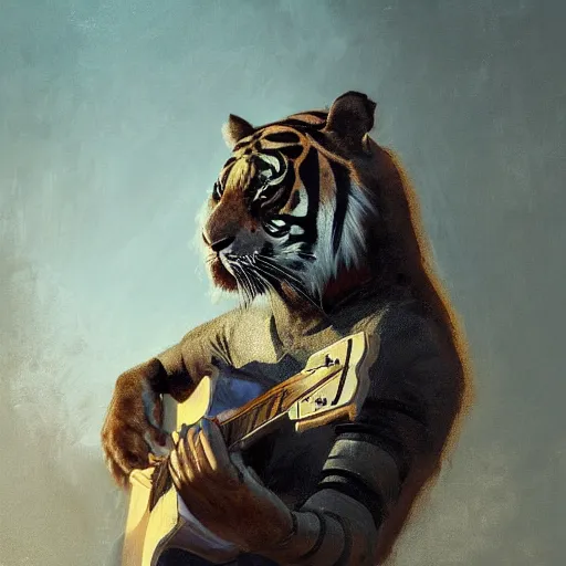 Image similar to a award winning commission portrait of a fit anthro black tiger aying a guitar,digital art,art by greg rutkowski,character design by charles bowater,detailed face,hyperdetailed,photorealistic,artstation,deviantart,4k,western comic art,sharp,high definition,peacful,calm,relaxing