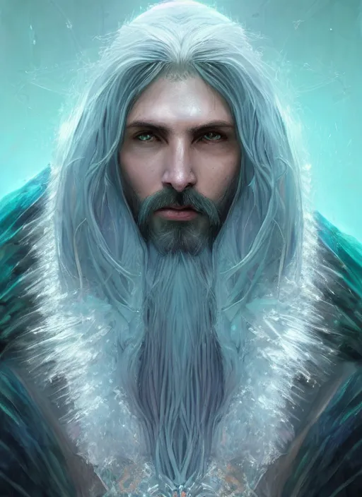 Prompt: Portrait of hexblade warlock aasimar, teal magic electricity, male, silver shaggy hair, short scruffy beard, cloak, white eyes, fantasy, extremely detailed, digital painting, artstation, concept art, smooth, sharp focus, illustration, stunning lighting, art by artgerm and greg rutkowski and alphonse mucha and simon stalenhag, realistic character concept, high fantasy, light atmosphere, golden ratio, cinematic lighting, hyperdetailed, high resolution, insanely detailed and intricate, artstation, Marc Simonetti, Greg Rutkowski