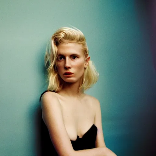 Image similar to realistic photoshoot for a new balenciaga lookbook, color film photography, portrait of a beautiful blonde woman, in style of nan goldin, 35mm