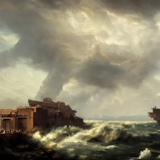 Image similar to Panorama view of a hurricane lifting the ruins of a bastion into the sky, flying island, oil painting, by Greg Rutkowski