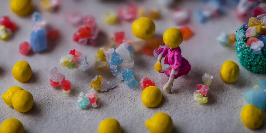 Image similar to a cinematic film still of a claymation stop motion film about a town made of lemons and candy, shallow depth of field, 8 0 mm, f 1. 8