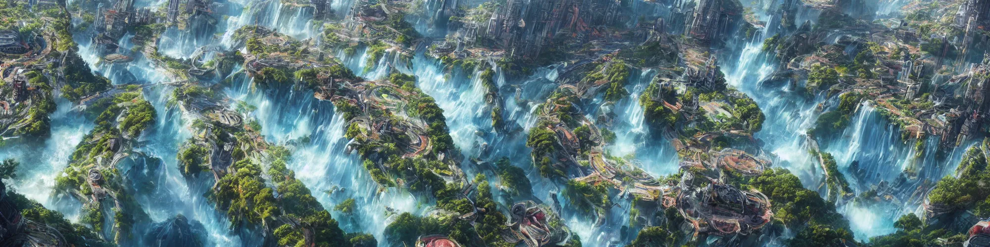 Prompt: Aerial map of a futuristic eco-city on top of a giant waterfall, D&D, fantasy, brightly colored buildings, highly detailed, digital painting, artstation, smooth, sharp focus, illustration, art by greg rutkowski studio ghibli, cinematic,