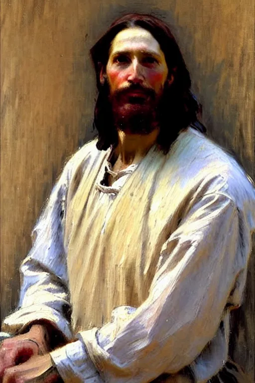 Image similar to impressionist brushstrokes!!!!!!!!! solomon joseph solomon and richard schmid and jeremy lipking victorian loose genre loose painting full length portrait painting of jesus with a slight smile happy inviting