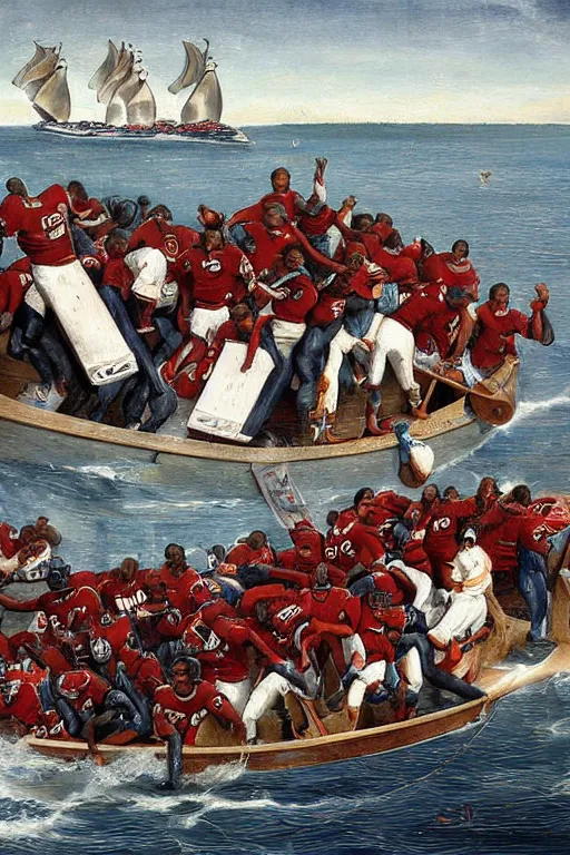 Image similar to whaling boat filled with nfl football players in helmets and pads, football helmets, american school, whaling painting, robert wyland