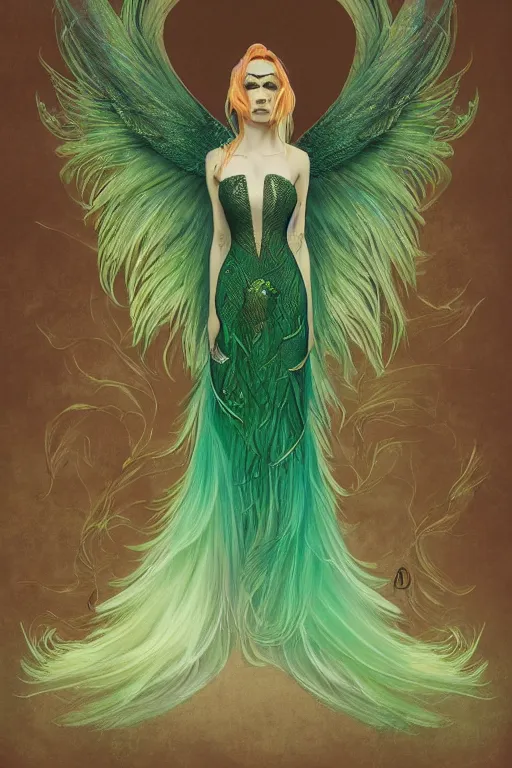 Prompt: ombre fishnet gown, queen of feathers, portrait, long green hair, wings, emeralds, lace, tattered dress, glasses, tattooed pinup, feral languid woman, by greg rutkowski, anato finnstark, alphonse mucha, global illumination, radiant light