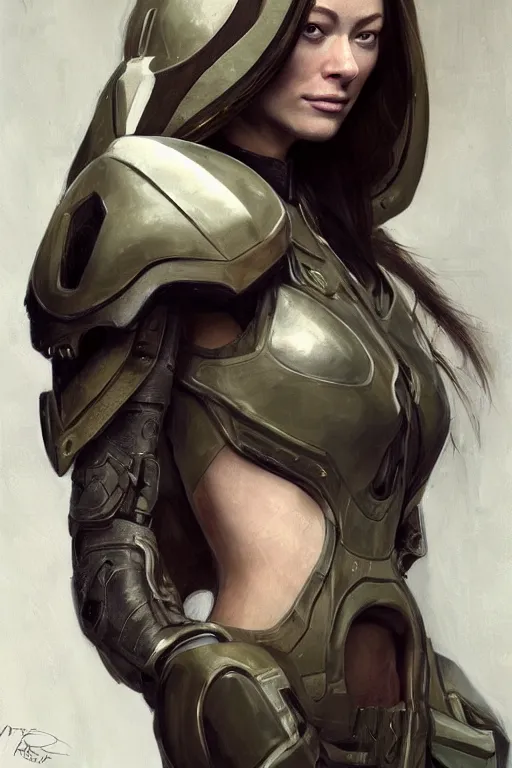 Image similar to a professional painting of a young Olivia Wilde, clothes in military armor, olive skin, long dark hair, beautiful bone structure, symmetrical facial features, intricate, elegant, digital painting, concept art, smooth, sharp focus, illustration, from StarCraft by Ruan Jia and Mandy Jurgens and Artgerm and William-Adolphe Bouguerea