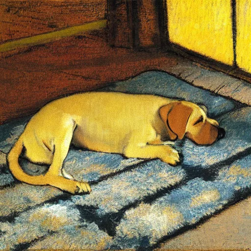 Image similar to degas painting of a yellow lab sleeping contentedly on a patterned rug inside a house at night, lit by warm yellow floodlights