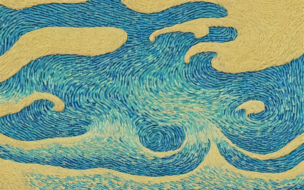 Image similar to a beautiful quiet beach in okinawa, fractal waves. japanese embroidery. retro minimalist art by jean giraud and van gogh.