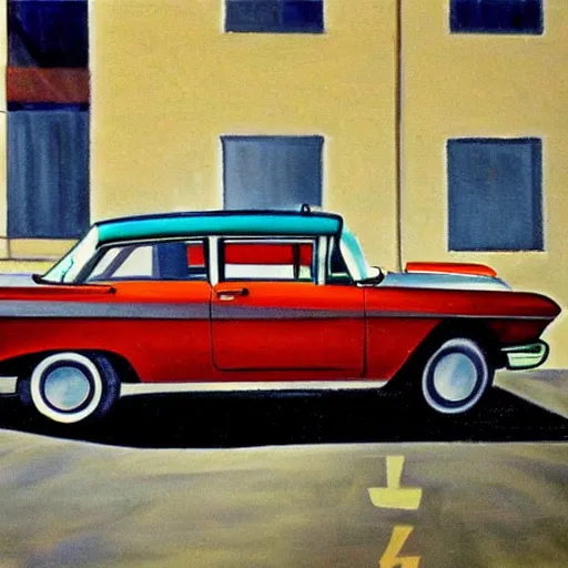 Prompt: painting of a 1960s American car parked outside of an apartment block, atmospheric lighting, detailed, optimistic